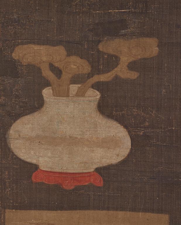 A Chinese scroll painting, ink and colour on silk. Late Ming dynasty/early Qing dynasty.