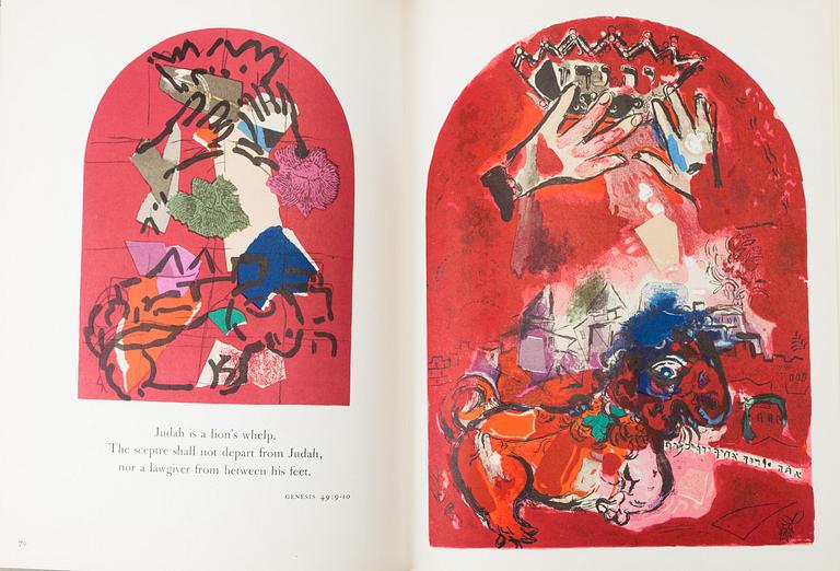 A Marc Chagall book "The Jerusalem Windows" with two   lithografs in colour, Andre Sauret, Monaco 1962.