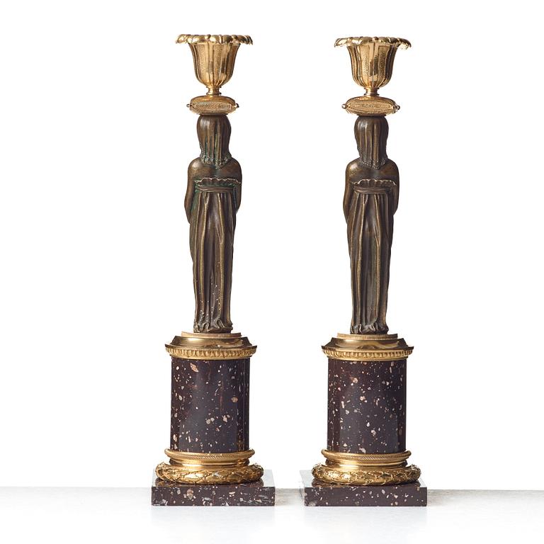 A pair of late Gustavian circa 1800 porphyry and gilt and patinated bronze candlesticks.