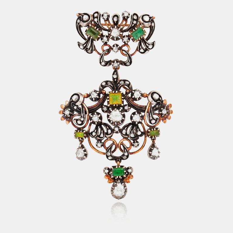 BROSCH/HÄNGE med folierat glas samt rosenslipade diamanter, 1800-tal.