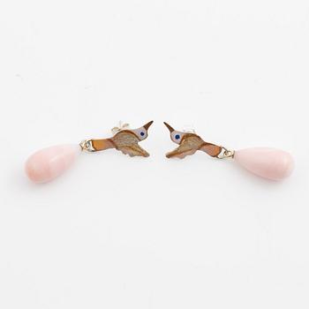 Earrings, Mandelstam, in the form of a hummingbird, silver and 18K gold, enamel and pink opals.