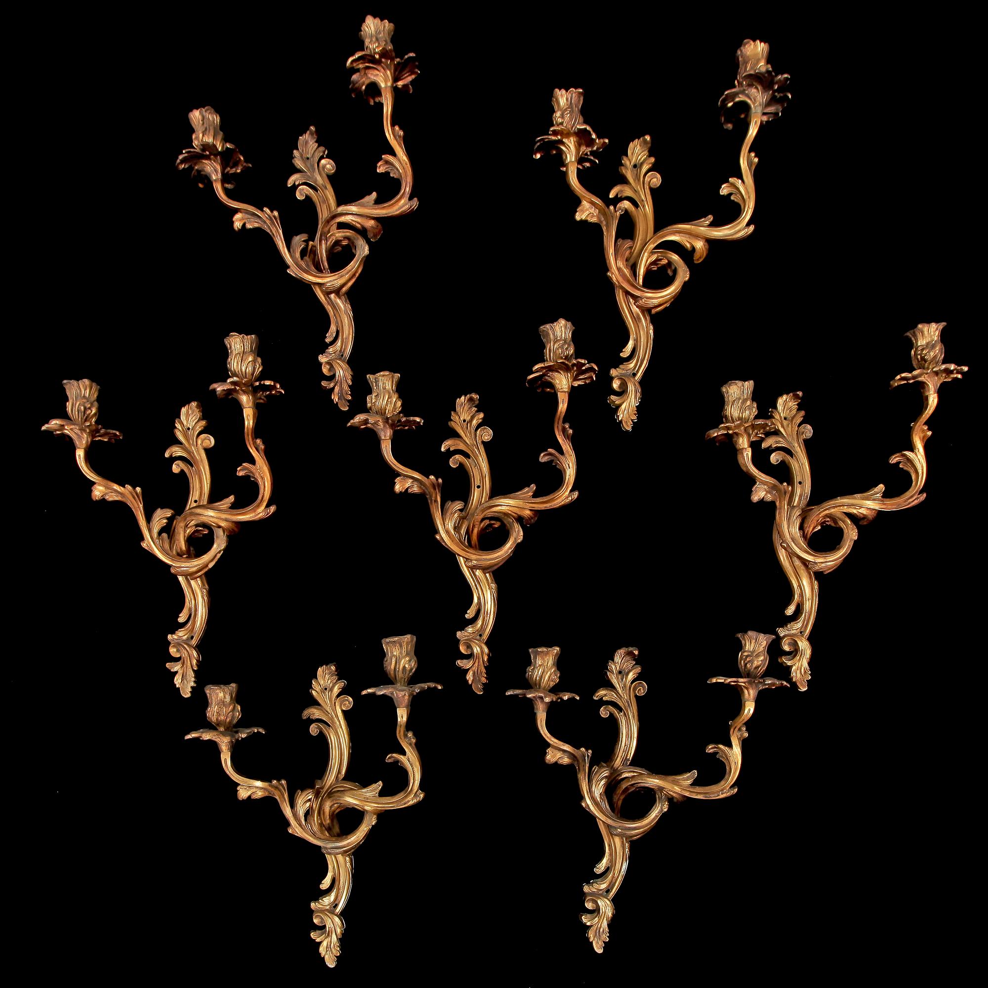 VÄGGAPPLIQUER, 7 st, brons, Louis XV-stil, Frankrike, 1800-talets andra hälft.