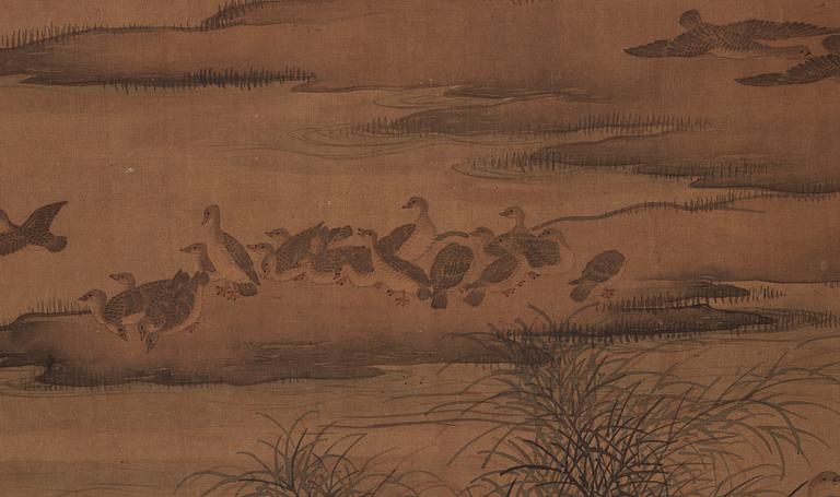 RULLMÅLNING, landskap med gäss i Ma Lins (ca 1180- ca 1256) efterföljd, Qingdynastin, troligen 1700-tal.