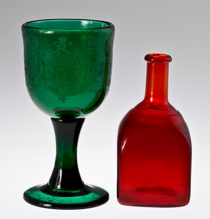 FLASKA samt GLAS, glas, 1900-tal.