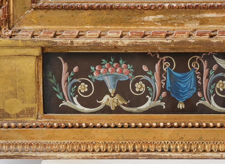 A late Gustavian giltwood and gouache-inset mirror, Stockholm, late 18th century.