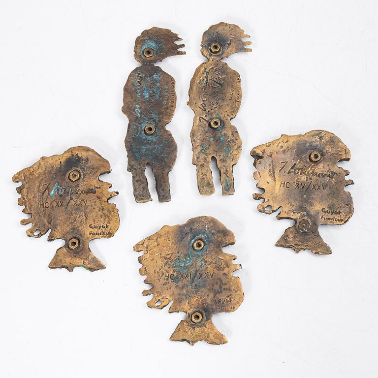 James Coignard, sculptures/wall plaques, 2 + 3 pieces, bronze, signed, Guyot Fondeur.