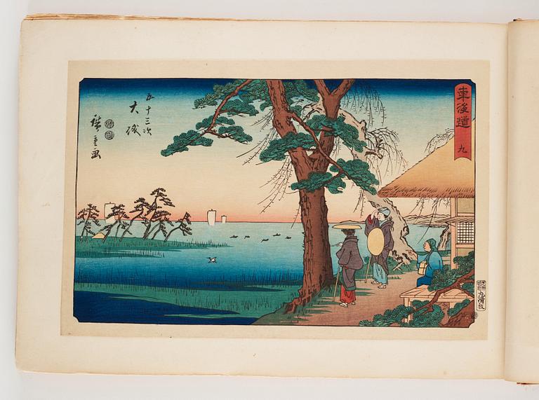 An album with Japanese woodblock prints after Ando Utagawa Hiroshige (1797-1858), mid 20th Century. (37 prints).