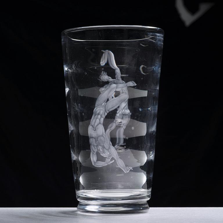 Vicke Lindstrand, an engraved "Pearl fisher" glass vase, Orrefors, Sweden 1956.