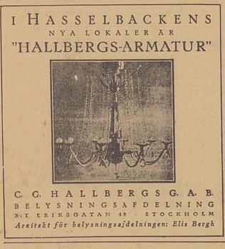 Elis Bergh, vägglampett, C.G. Hallberg, Stockholm 1920-30-tal, från Restaurang Hasselbacken, Stockholm.