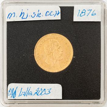 Gold coin, Oscar II, 10 kronor, type II, Sweden 1876.