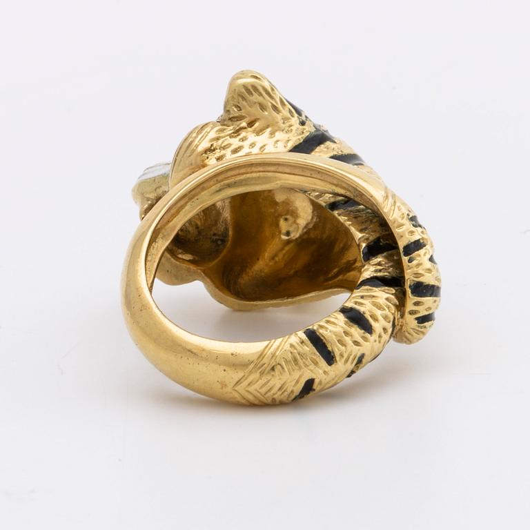 RING 18K guld, emalj, gröna glasstenar.