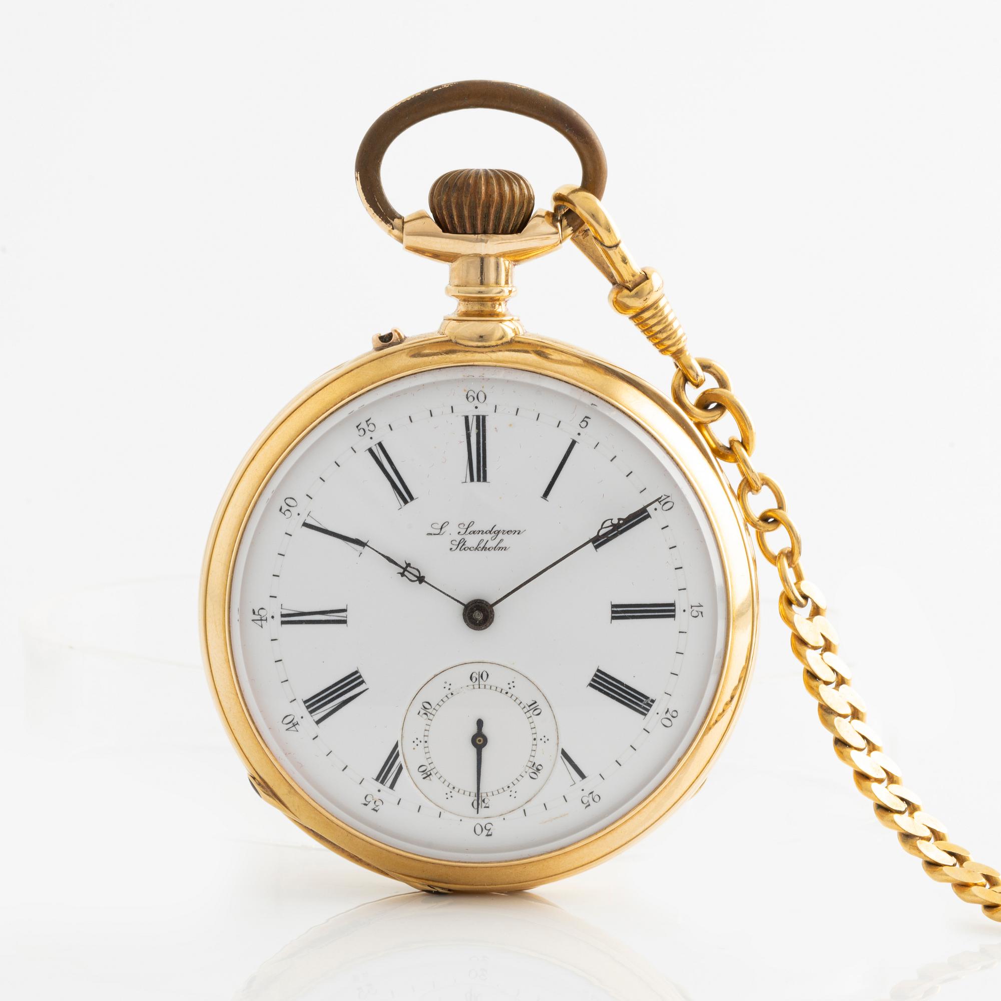 L Landgren, Stockholm, 18K guld, fickur, 48,5 mm.