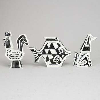 GUNNAR NYLUND, a set of three stoneware figures, of a fish, a rooster and a dog, Rörstrand, Sweden 1950-60's.