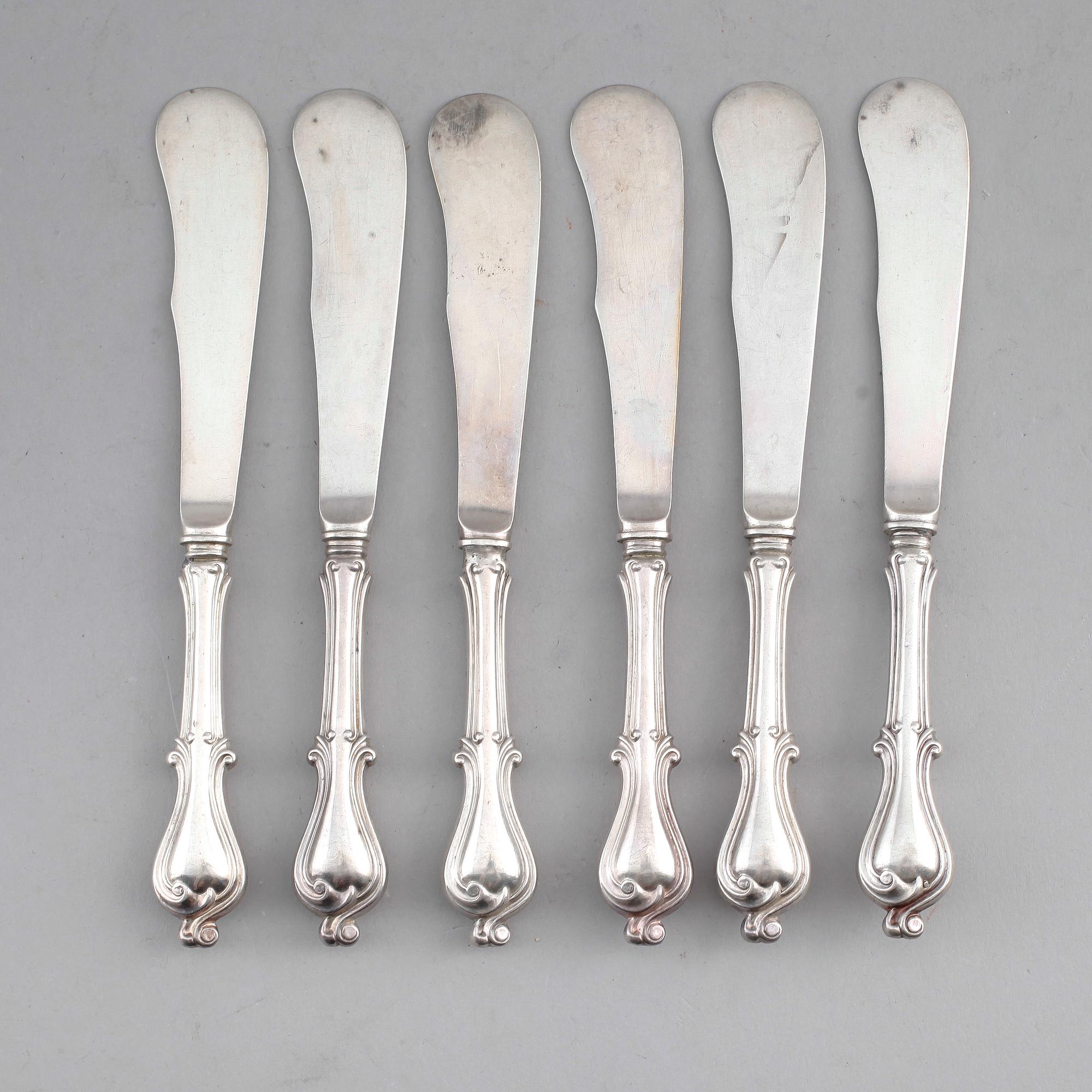 SMÖRKNIVAR, 6 st, silver, GAB, Stockholm 1918. Vikt ca 198 g.