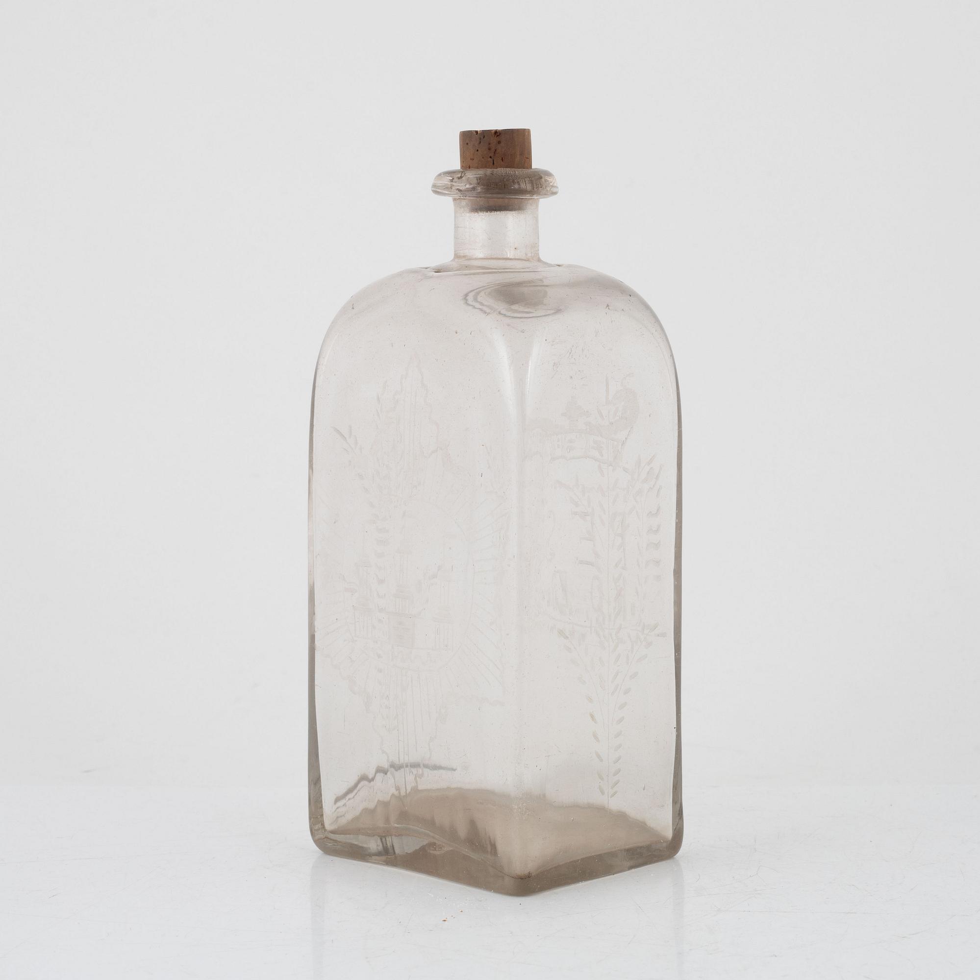 An engraved glass bottle, Limmareds Glasbruk, Sweden, 18th century.