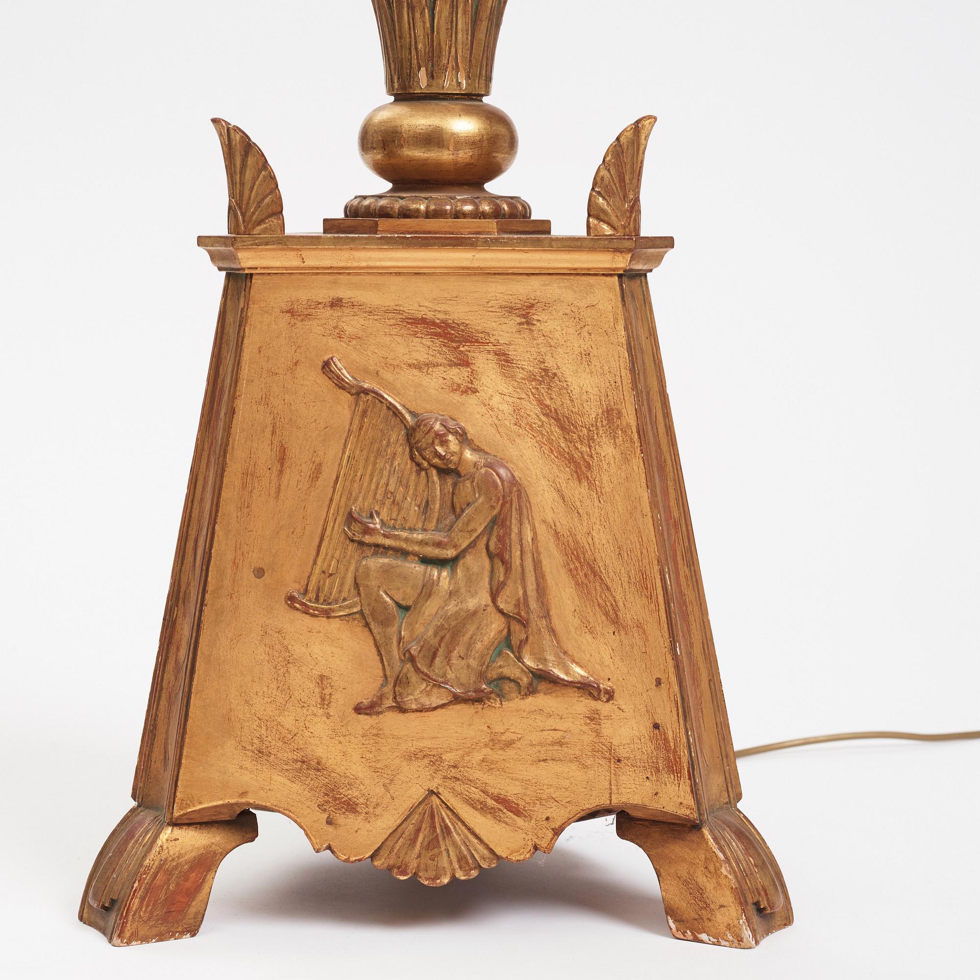 Helge Werner, a Swedish Grace gilt wood floor lamp, 1920-30s.