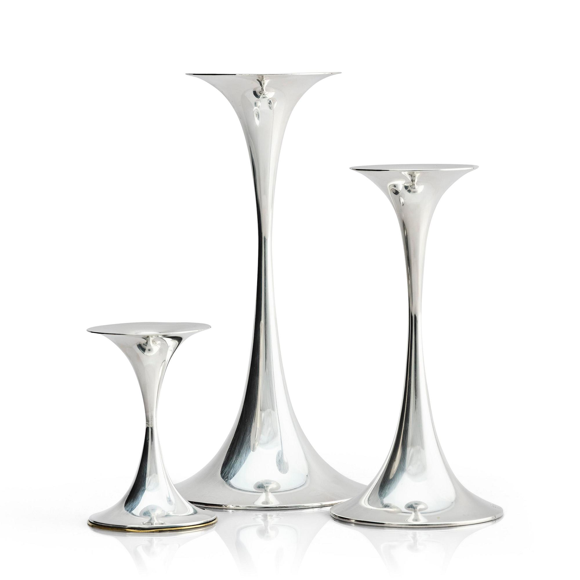 Tapio Wirkkala, three sterling silver 'Trumpetti' candlesticks, Kultakeskus, Hämeenlinna 1973.