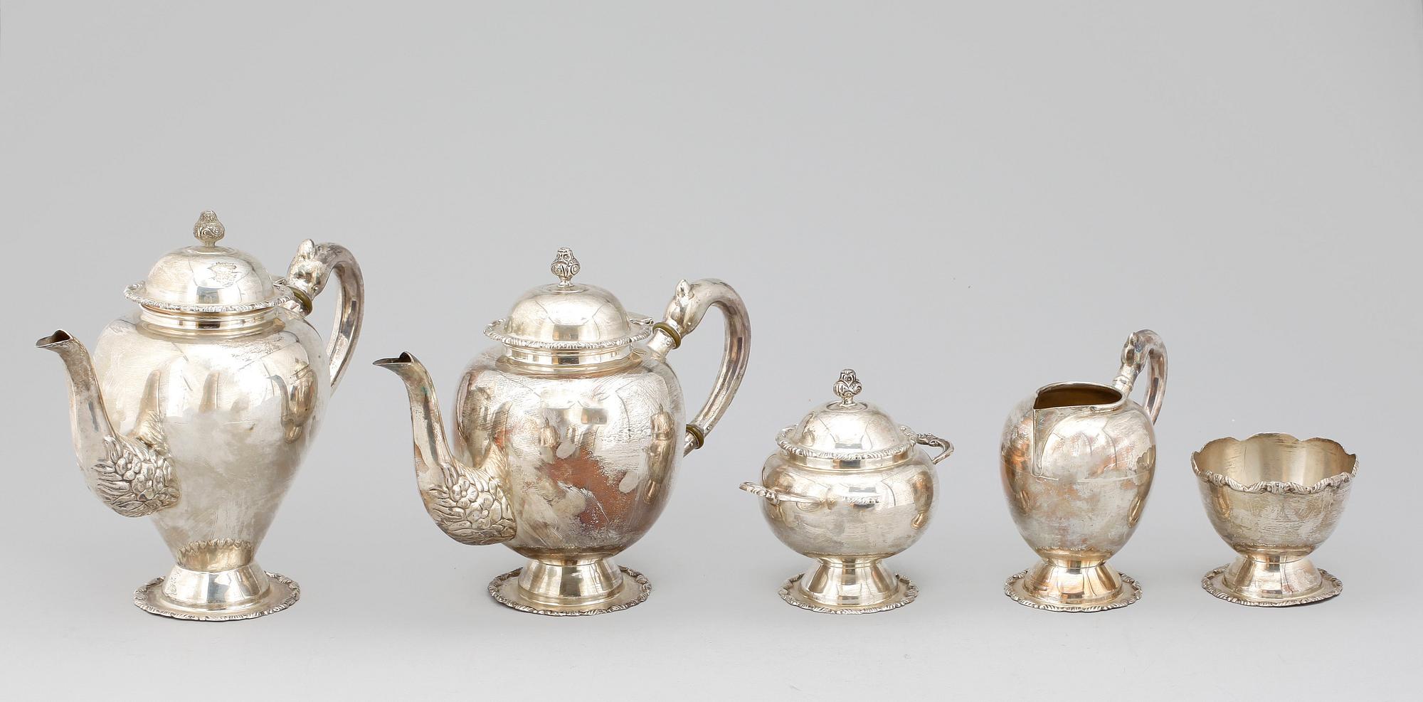 KAFFE och TESERVIS, 5 delar, sterling silver, Peru, 1900-tal. Tot vikt ca 2000 g.