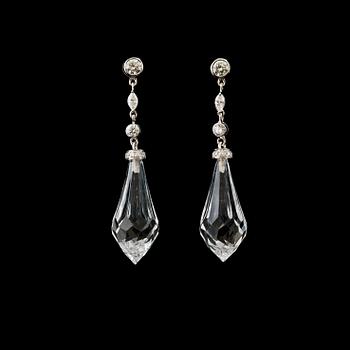 171. A pair of briolette rock crystal, total circa 20.09 cts, and diamond, total circa 0.74 ct, earring.