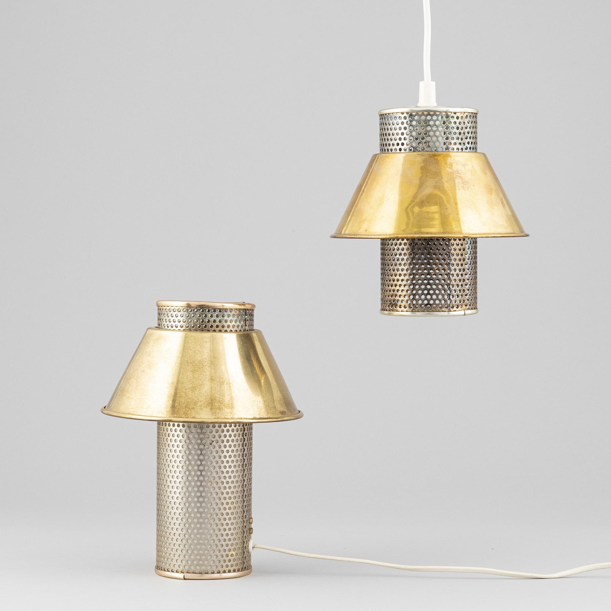 Hans-Agne Jakobsson, a brass ceiling lamp and brass table lamp,