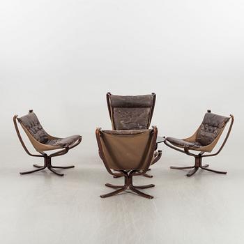 SIGURD RESSEL, four easy chairs and glas top coffee table "Falcon", Vatne Möbler Norway 1970's.