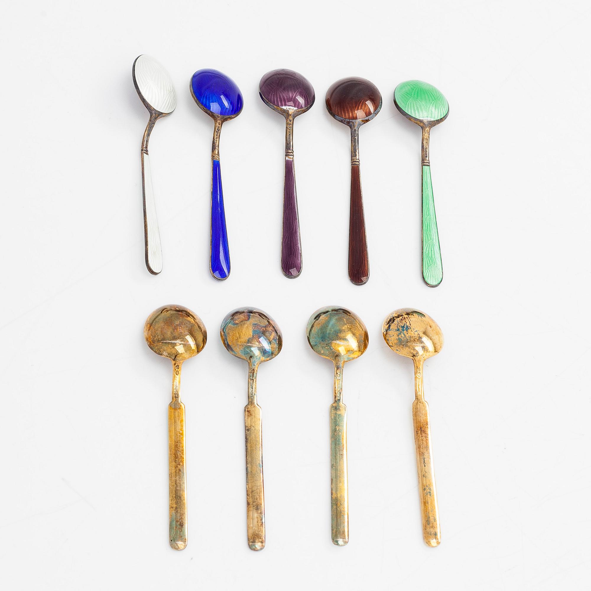 Tillander, sixteen enamelled and gilded silver coffee spoons, Helsinki 1952-65. Twelve in original box.