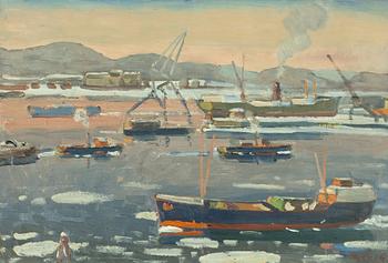 Folke Persson, Harbour scene, winter.