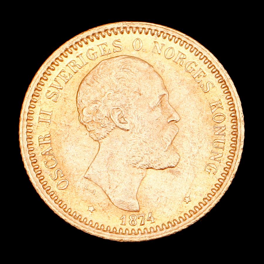 GULDMYNT, 10 kr, Oscar II, 1874. Vikt ca 5 g.