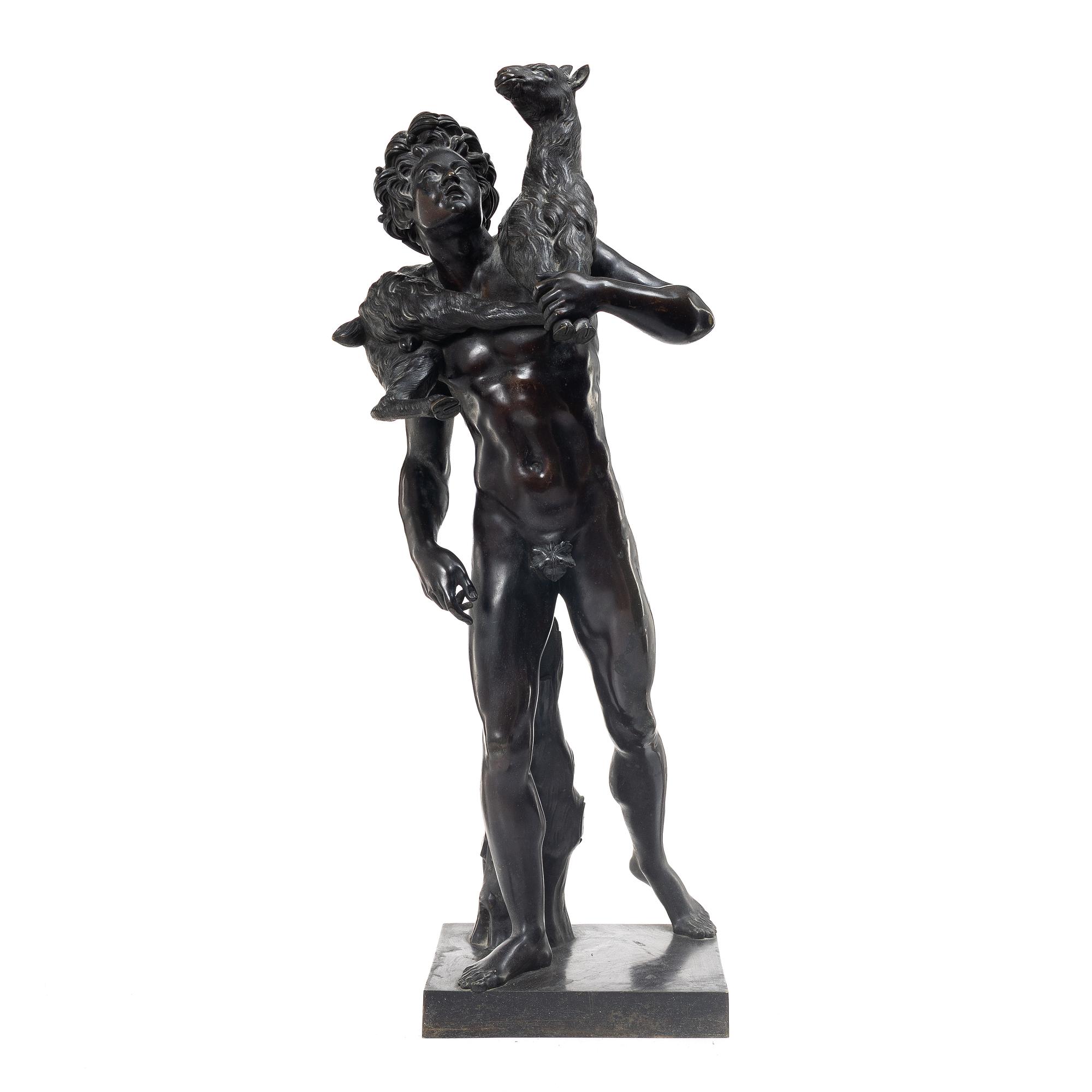 Sculpture, bronze. Faun with lamb. After a Roman model, 20th century.