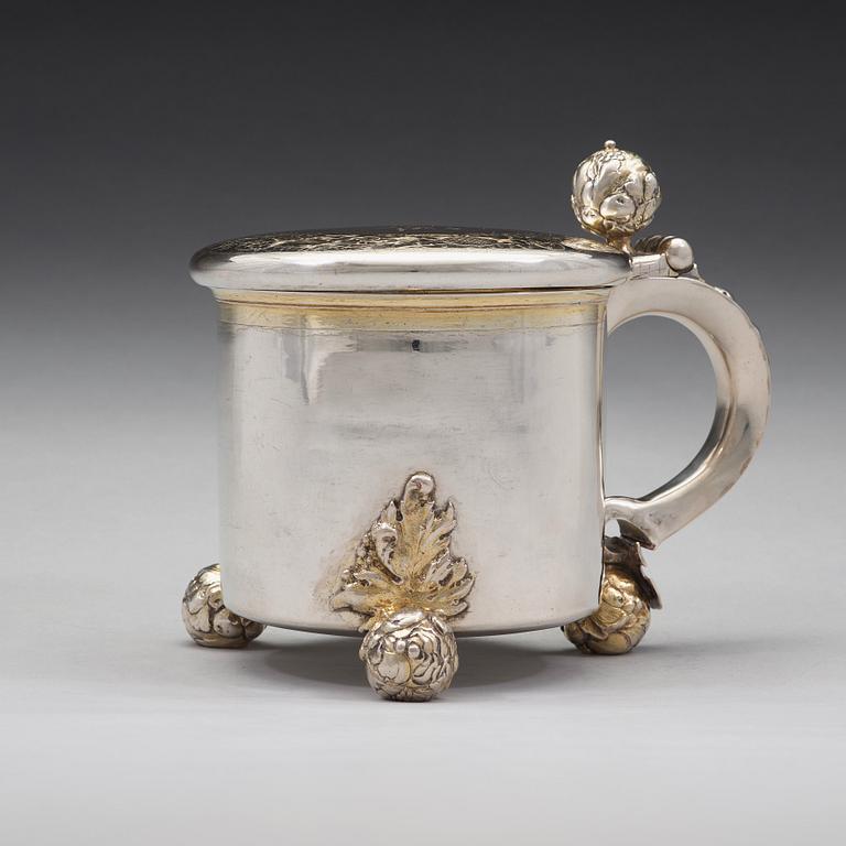 A Swedish 17th century parcel-gilt tankard, mark of Erik Månsson Schmidt, Stockholm 1675.