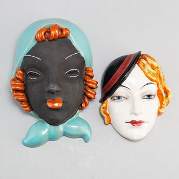 Two 1920s/1930s ceramic decorative masks, Art Déco, Goebbel ans Keramia.