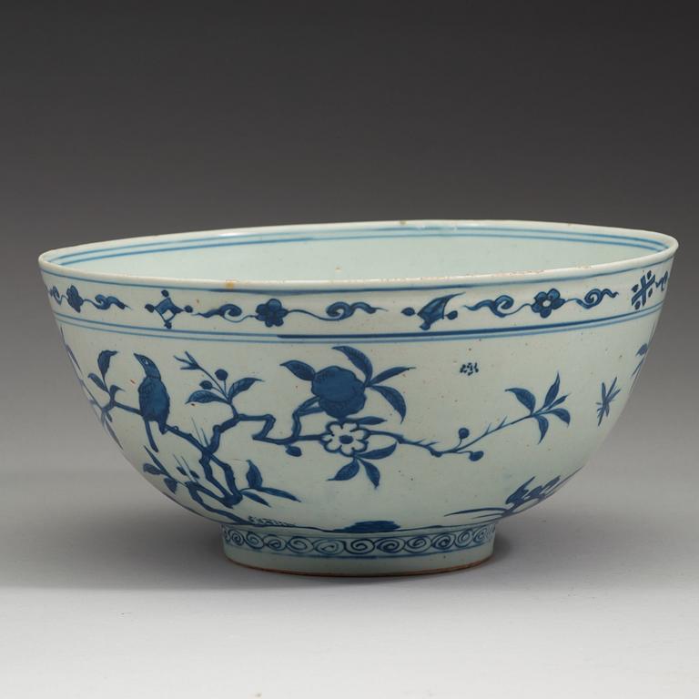 A large blue and white 'parrot and pomegranate' bowl, Ming dynasty (1368-1644).