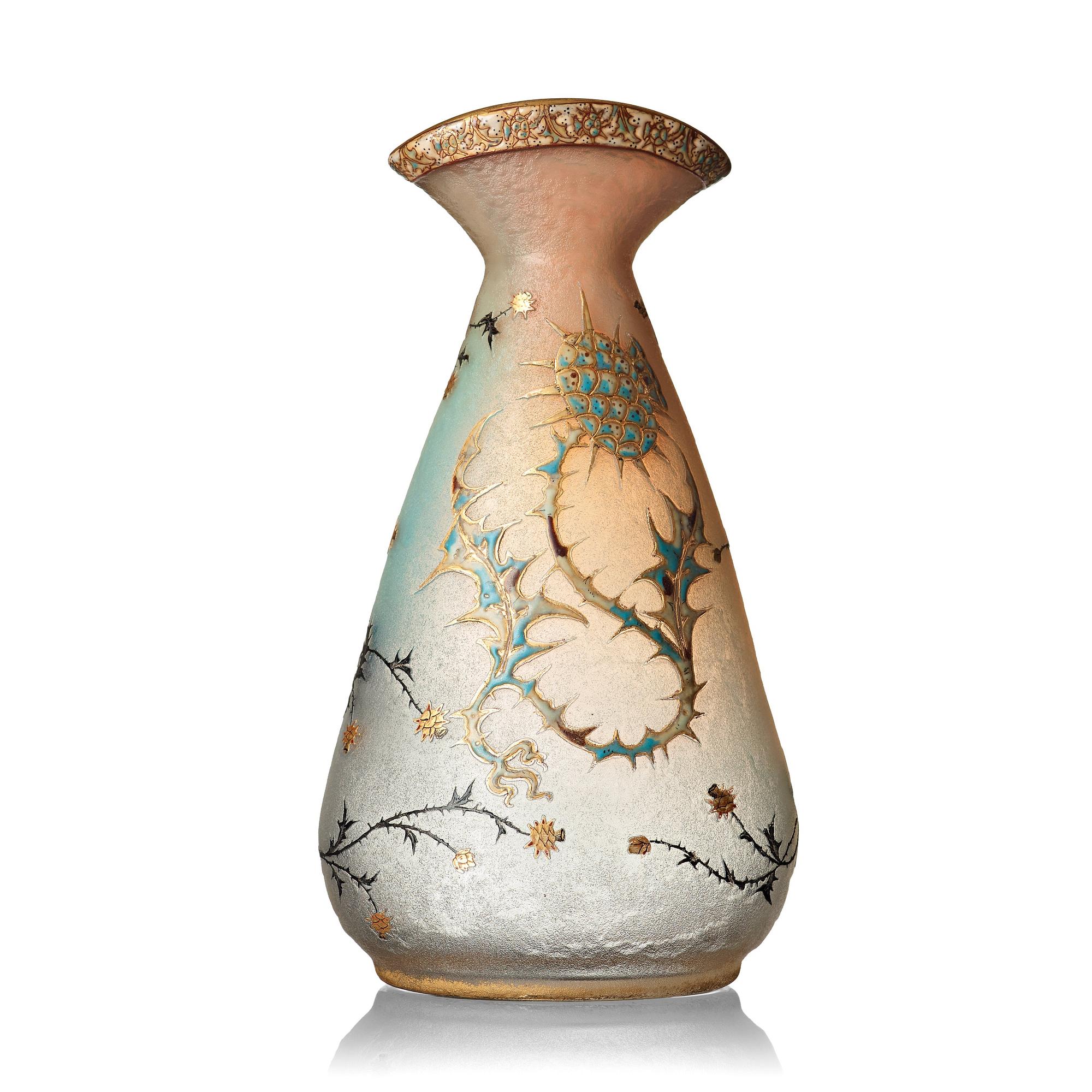 Daum, an opalescent etched and enamel painted glass vase, Nancy, France, 1890's.