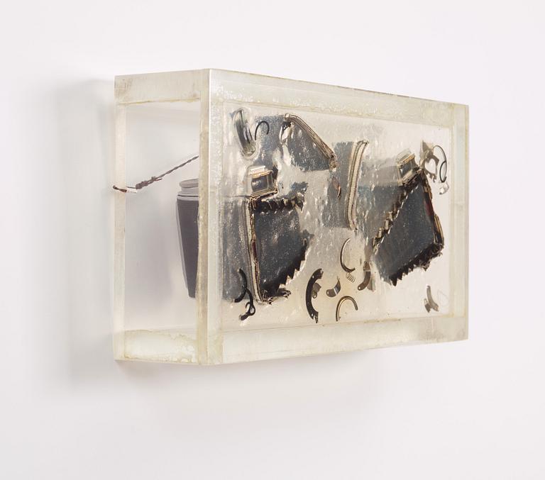 Arman, sculpture, camera parts in resin in plexiglass box, uniqe, signed Arman.