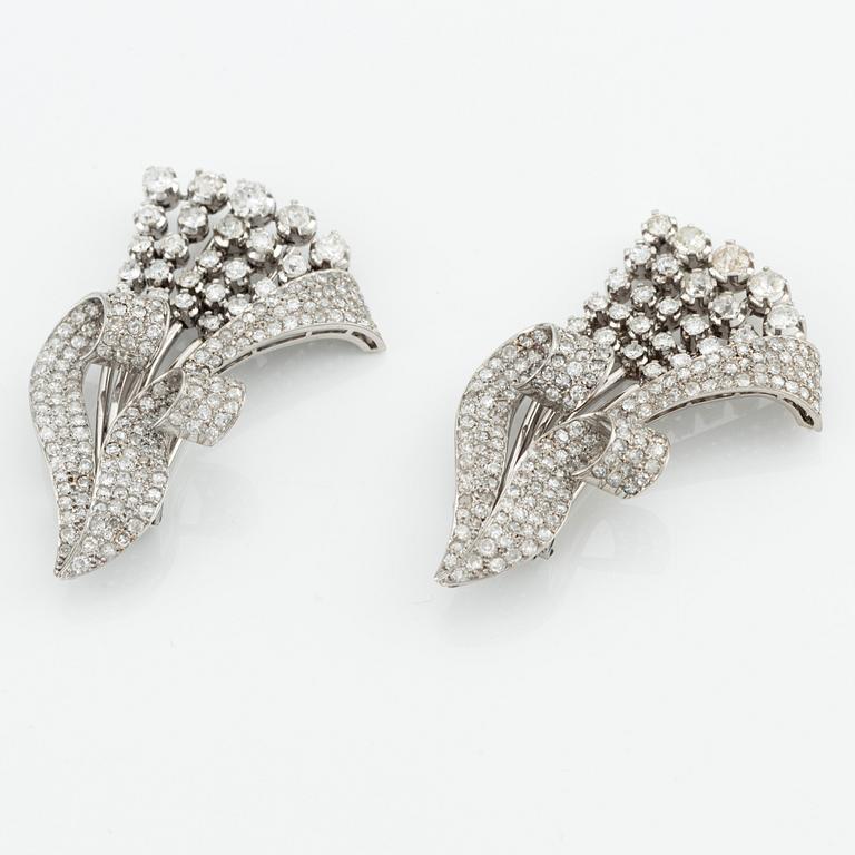 A pair of platinum brooches with old-cut, round brilliant-cut and single-cut diamonds.