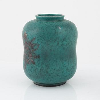 Wilhelm Kåge, vas, ask samt fat, stengods, "Argenta", Gustavsberg.