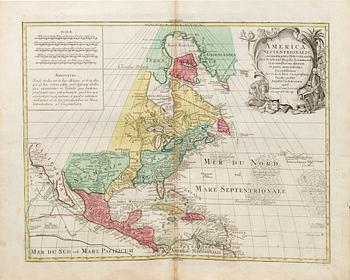 MAP, COPPER ENGRAVING Tobias Conrad Lotter,"America Septentrionalis" from Atlas Novus 1770.