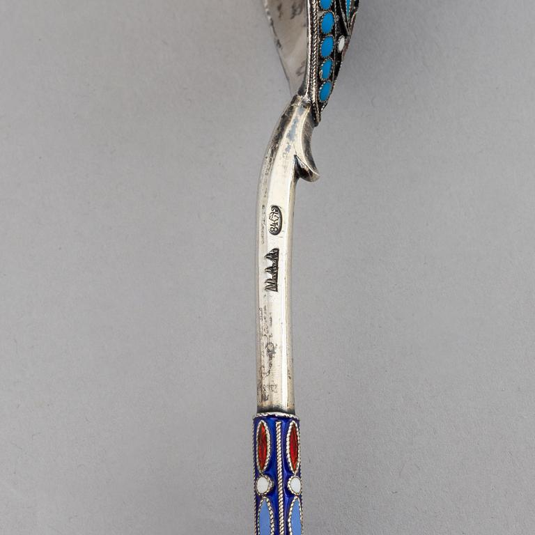 A Russian early 20th century silver and enamel spoon, mark of probably Matryena Andreyevna, Moscow 1899-1908.