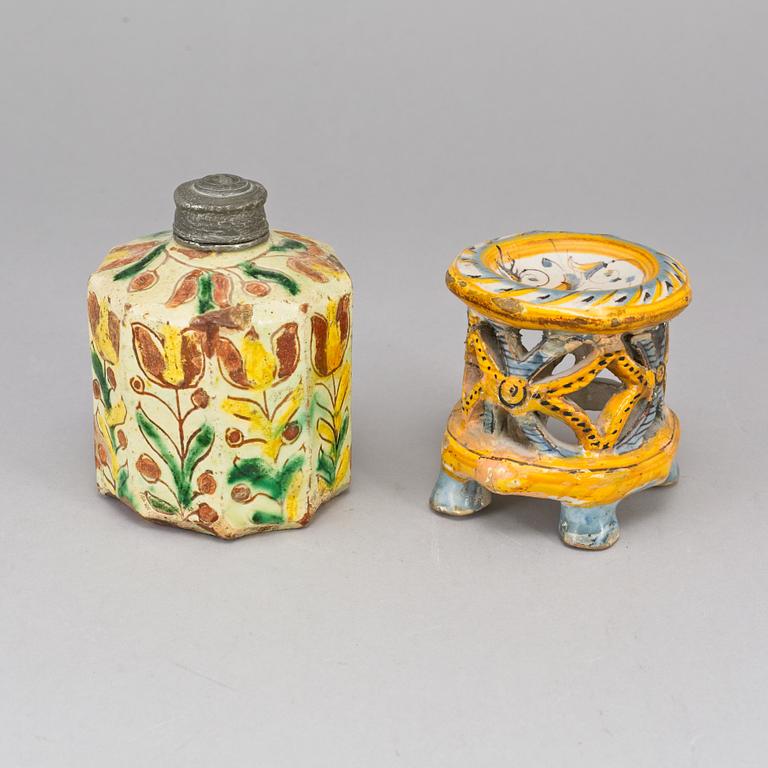 A majolica salt and a tea caddy, part Italian, 18th Century.