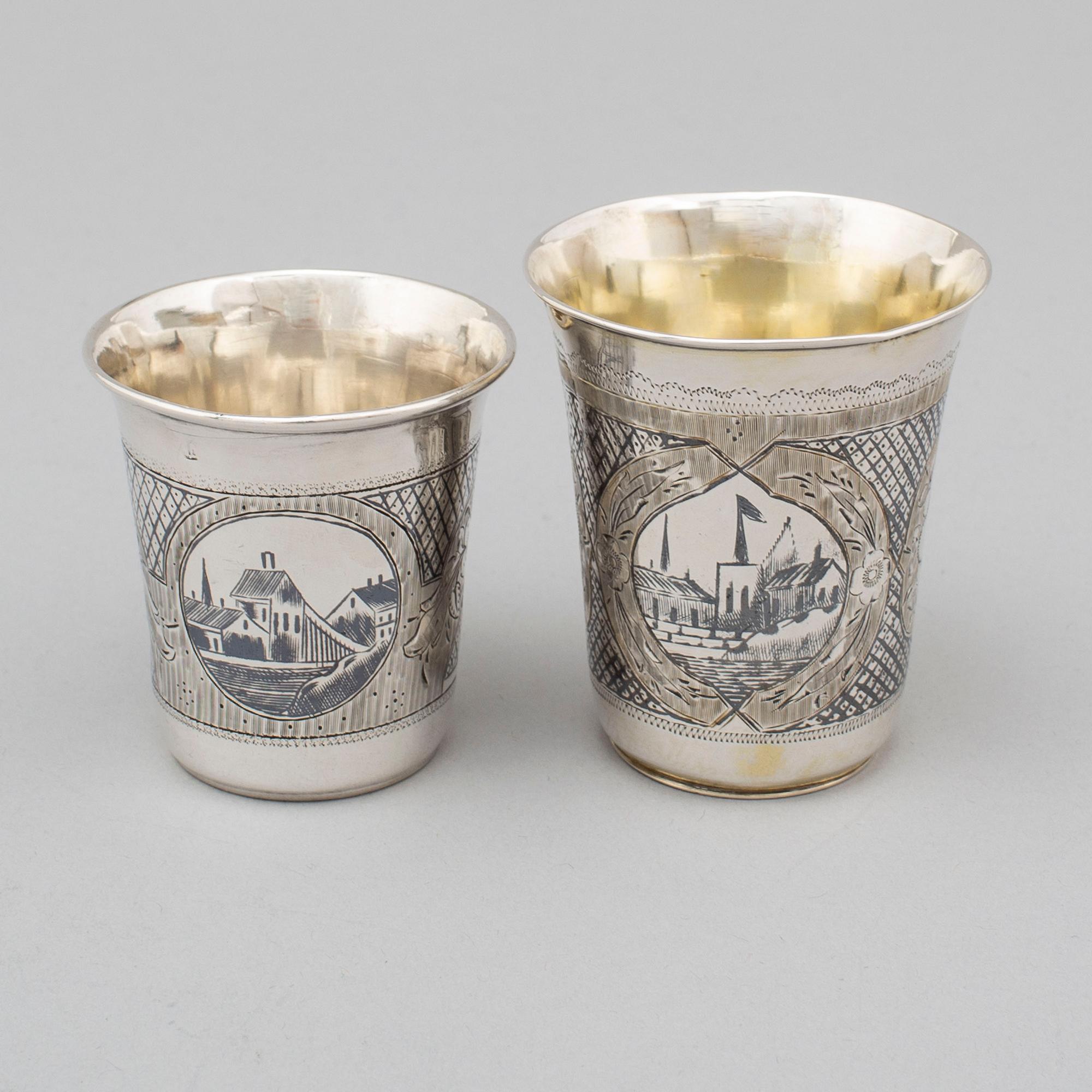 Two Russian 19th century silver and niello beakers, marked Moscow.