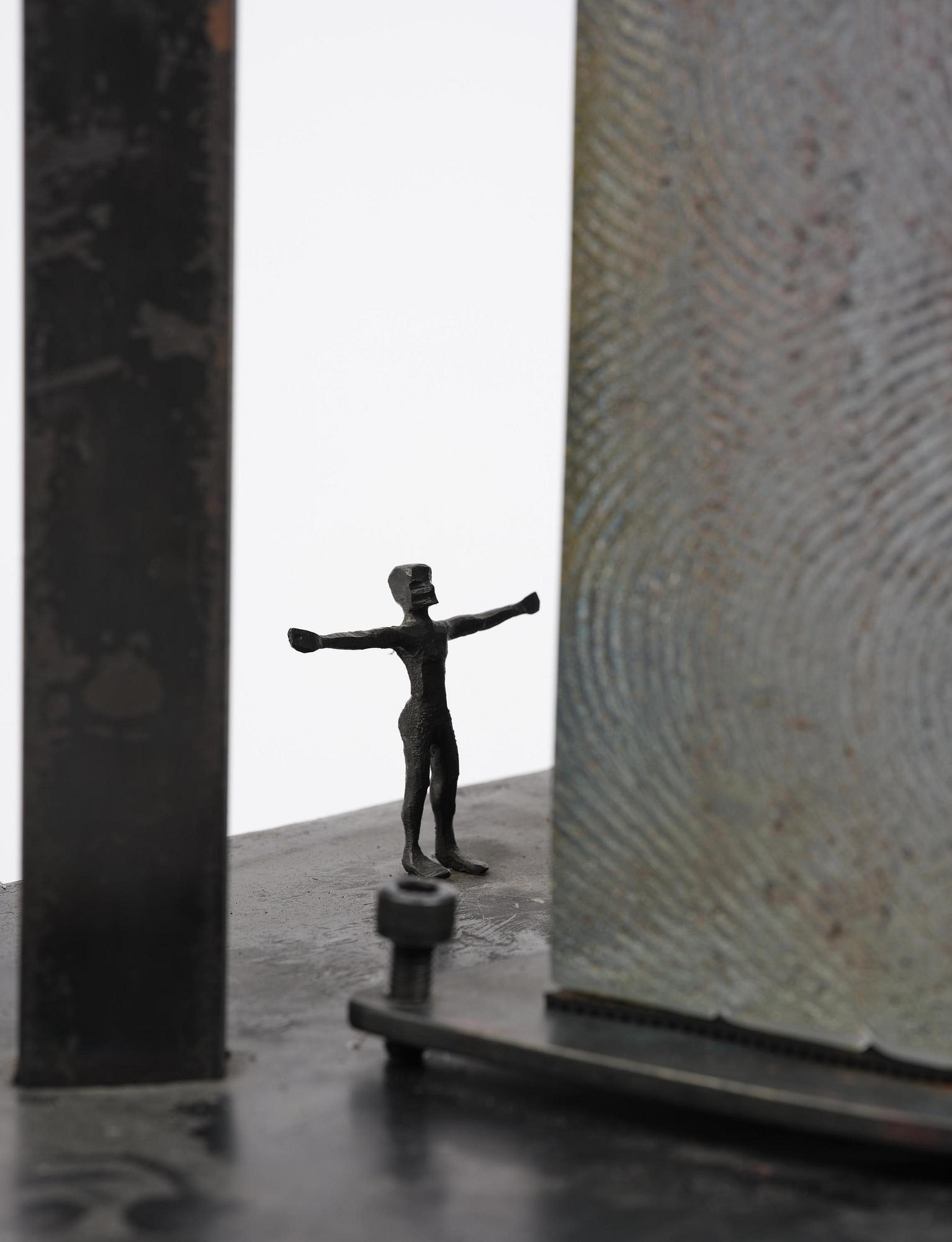 Bertil Vallien, a sand cast glass sculpture of a standing half-boat, Kosta Boda, Sweden.