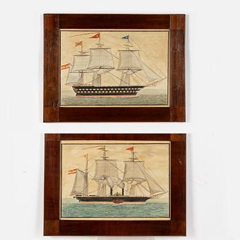 Skeppsporträtt, ett par, 1800-tal, signerade M Alexander fecit.