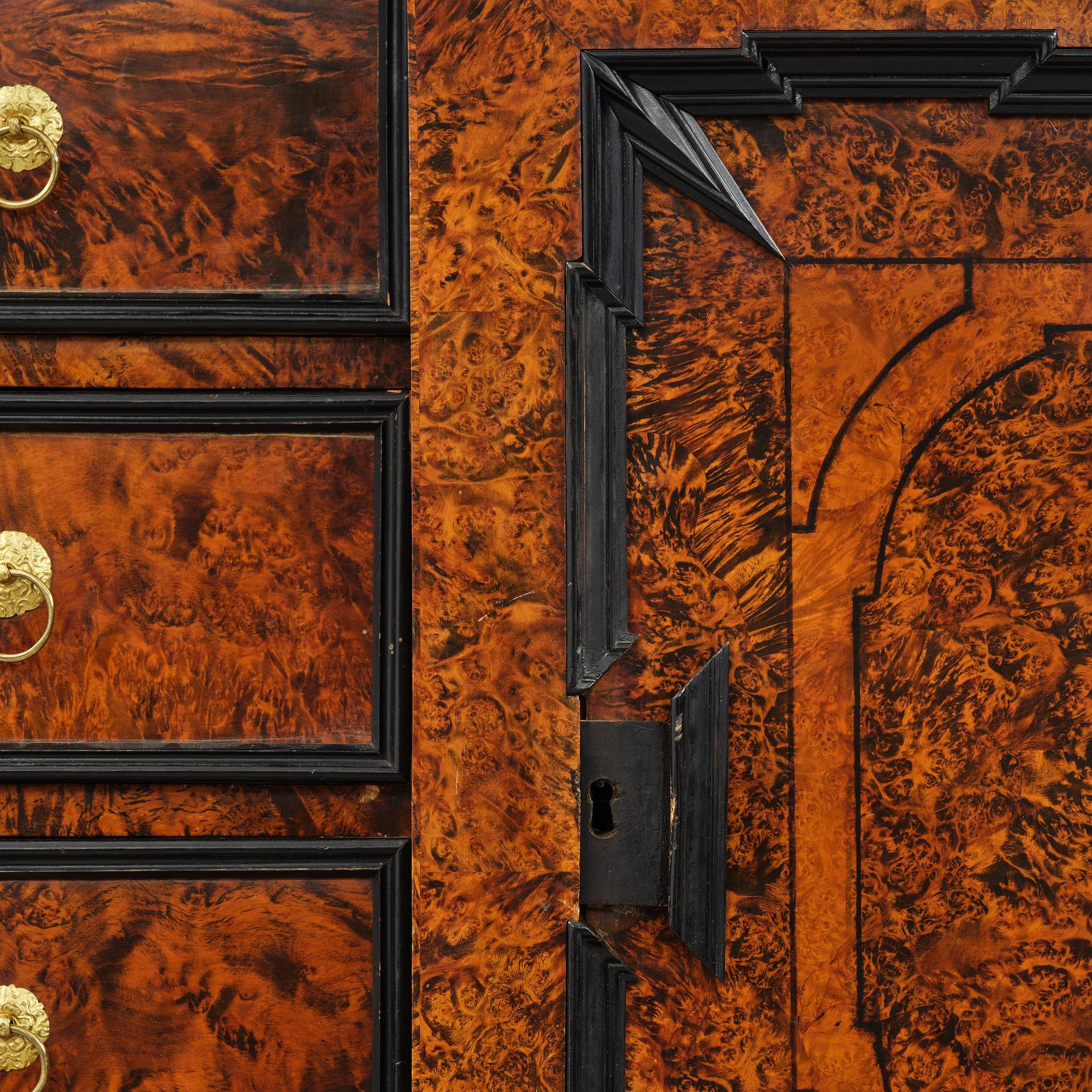 A Swedish burr-elm late baroque writing cabinet, first part 18th century.