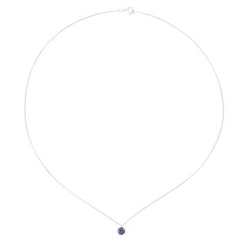 14K white gold necklace with a faceted sapphire.