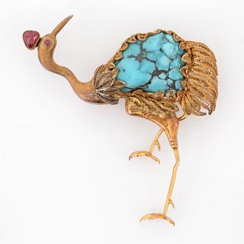 BROSCH, 14 k guld samt infattad turkos. Total vikt 12 gr