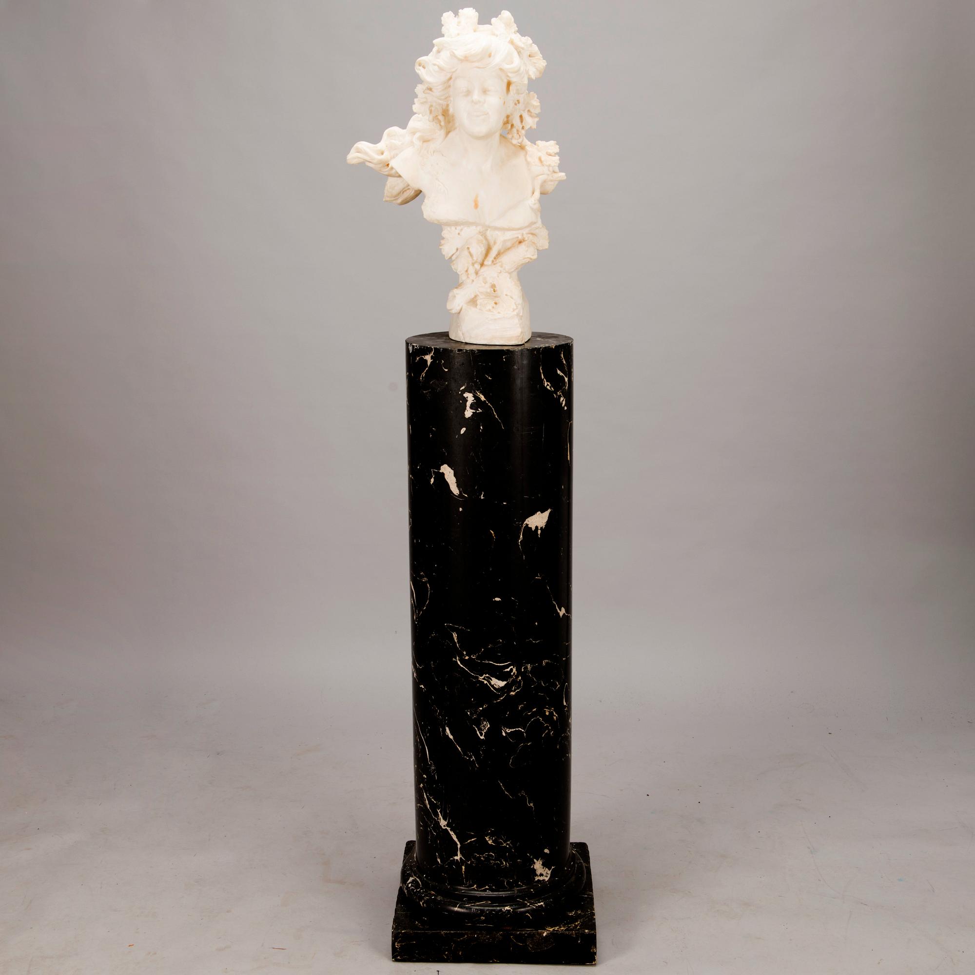 AN RENÉ CHARLES MASSÉ, "Allegorie de la vigne", after, signed female alabaster bust on a pedestal.