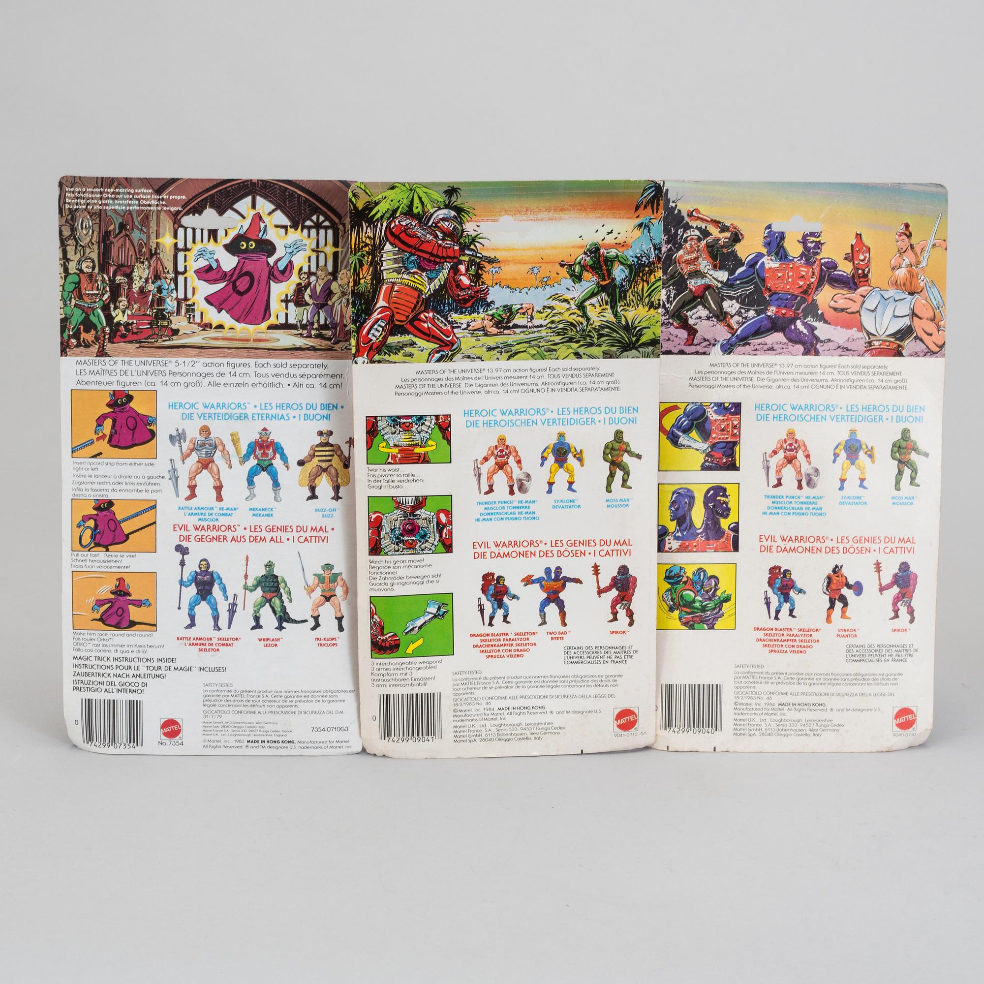 MASTERS OF THE UNIVERSE, Battle cat, Two-Bad,  Orko samt Roboto i förpackningar, Mattel, 1983-84.