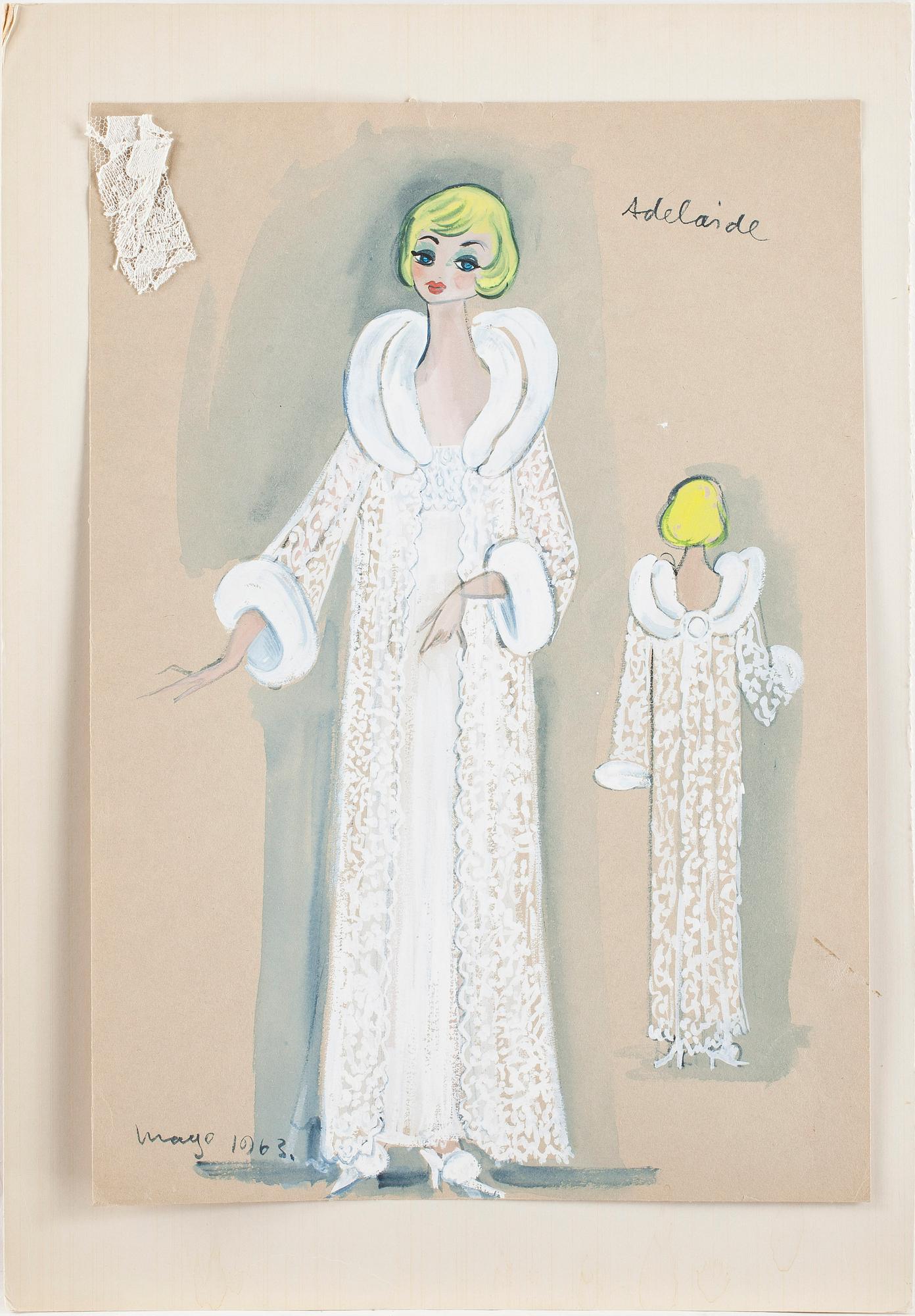 MAX GOLDSTEIN (MAGO), dräktskisser, teckningar, blyertsskisser, tygprover, ca 35 st, vissa daterade o signerade, 1963.