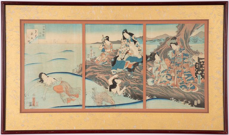 Yoshitora, triptych, Prince Genji visiting Chigo-ga-fuchi near Enoshima (Enoshima Chigo-ga-fuchi).