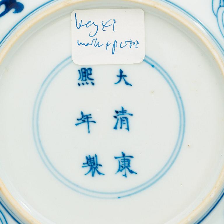 A Chinese blue and white lotus dish, Republic with Kangxi six character mark.